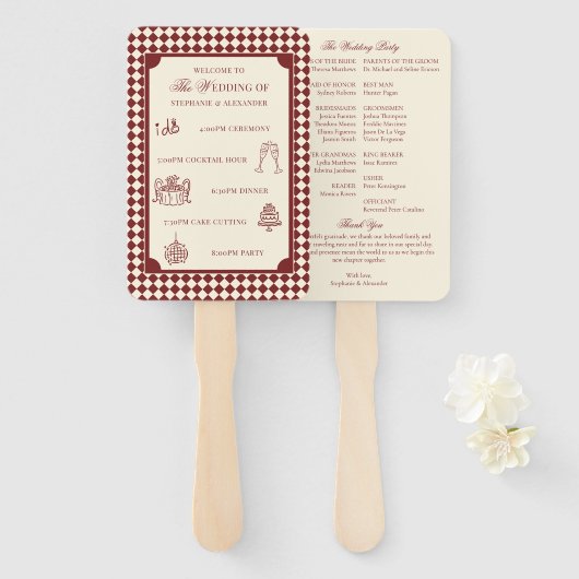 Éventail Red & Ivory Old Money Wedding Program Itinerary (Devant et derrière)