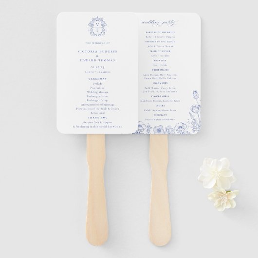 Éventail Regency Era Blue Crest Monogramme Programme de mar (Devant et derrière)