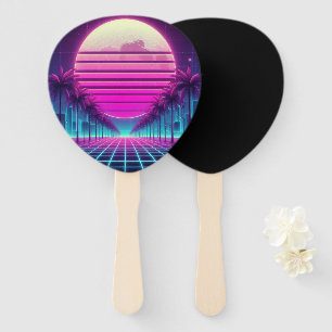 Éventail rétro, soleil et palmiers néon des années 80