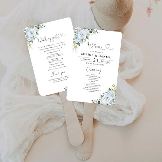 Éventail Romantic Light Blue Floral Wedding Program 