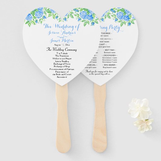 Éventail Romantique Bleu Rose Floral Heart Wedt Programme (Devant et derrière)