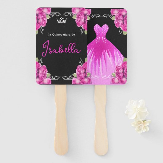 ÉVENTAIL ROSE ESPAGNOLE & QUINCEAÑERA NOIR - ÉLÉGANT ROSE (Devant et derrière)