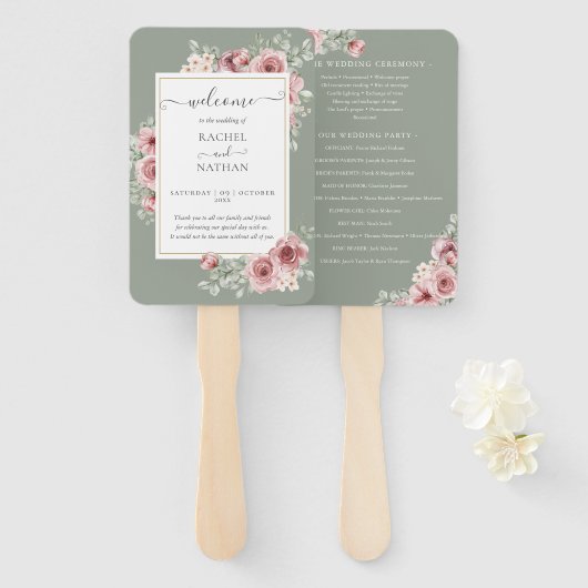 Éventail Rose Floral Elegant Sage Green Wedding Programme (Devant et derrière)