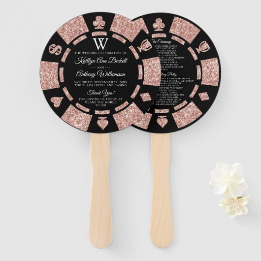 Éventail Rose Gold Monogram Poker Chip Casino Mariage (Devant et derrière)