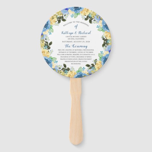 Éventail Rose Jaune Bleu Programme de mariage Fan main (Devant)