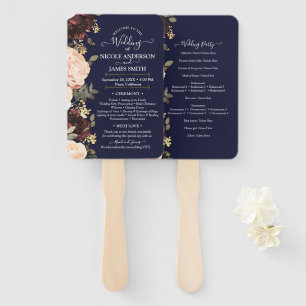 Éventail Rose Marin Floral Végétal Bleu Nuit Mariage