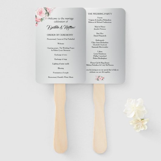Éventail Rose romance et Mariage d'argent (Devant et derrière)