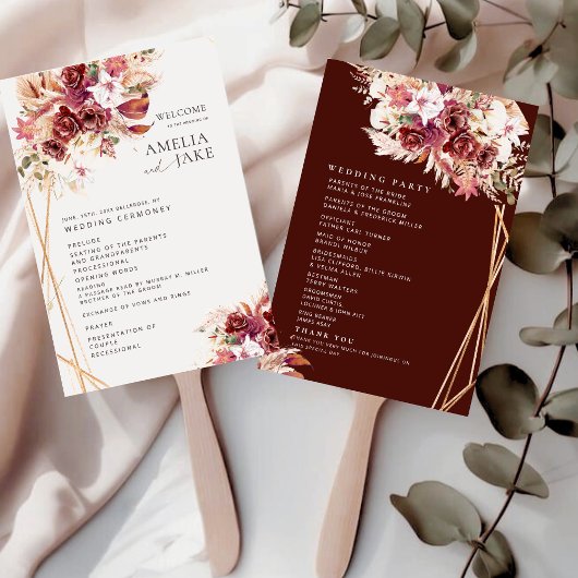 Éventail Rosewood & Gold Floral Wedding Program Fan