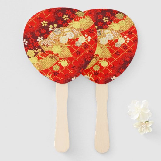 Éventail Rouge or traditionnel japonais Sakura floral (Devant et derrière)