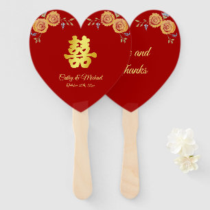Éventail Rouge orange floral chinois mariage double bonheur
