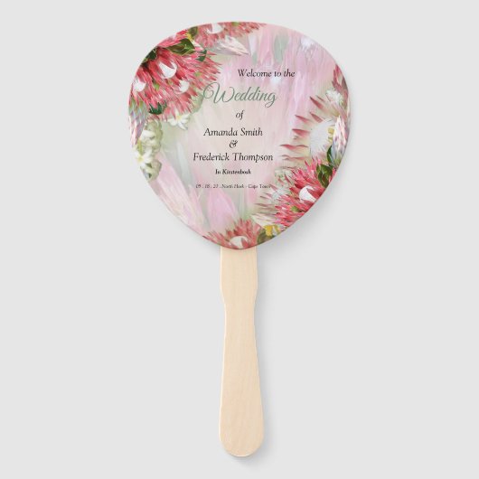 Éventail Ruban d'or et bouquets Fuchsia Protea (Devant)