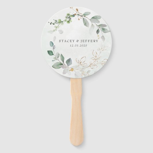 Éventail Russe Eucalyptus Gold Calligraphie Mariage Main F (Devant)
