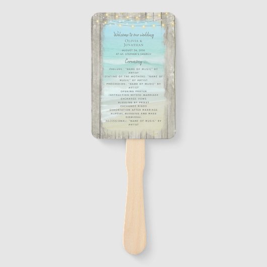 Éventail Rustic Beach String Lights Ocean Wedding Programme (Devant)