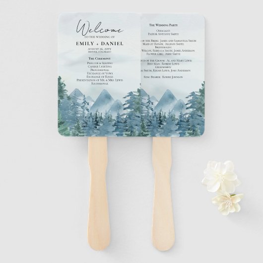 Éventail Rustic Blue-Green Mountains Programme de mariage (Devant et derrière)