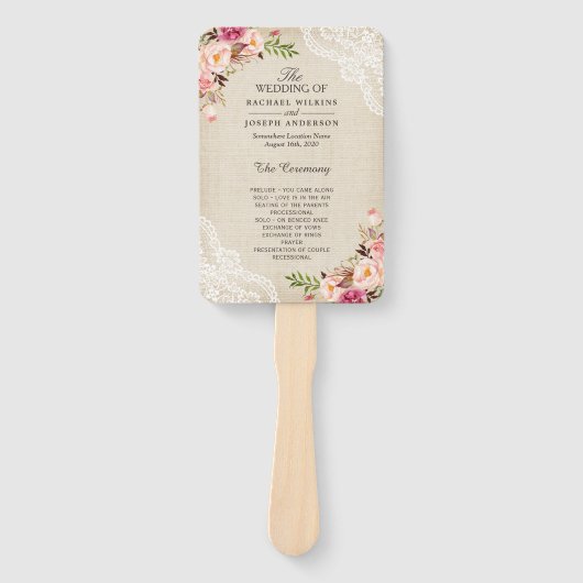 Éventail Rustic Country Floral Lace Burlap Programme de mar (Devant)