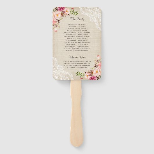 Éventail Rustic Country Floral Lace Burlap Programme de mar (Dos)