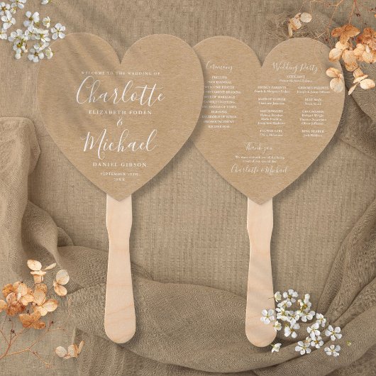 Éventail Rustic Kraft Script Programme de mariage Coeur