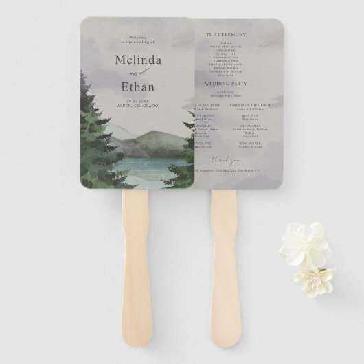 Éventail Rustic Mountain & Lake Evergreen Wedding Program (Devant et derrière)