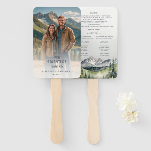 Éventail Rustic Mountains Adventure Photo Wedding Programme (Devant et derrière)