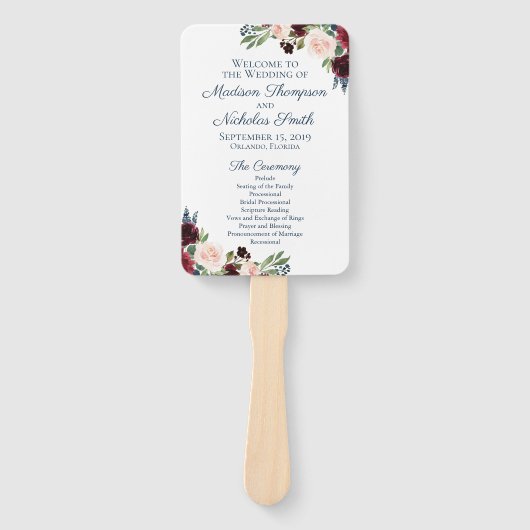 Éventail Rustic Navy Marsala Flower Wedding Programme Fans (Devant)