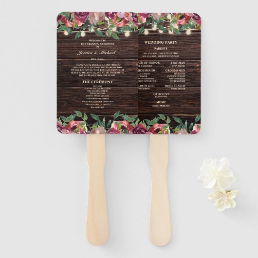 Éventail Rustic String Lumières Bourgogne Floral Programme (Devant et derrière)