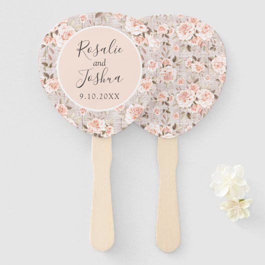 Éventail Rustic Wood Shabby Chic Roses Noms et Mariage Date (Devant et derrière)