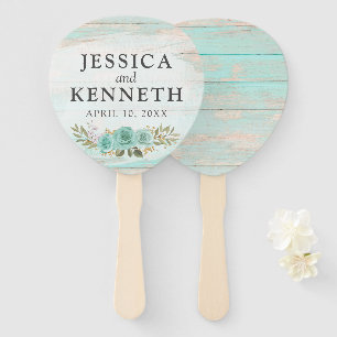 Éventail Rustic Wood Turquoise Floral Noms & Mariage Date