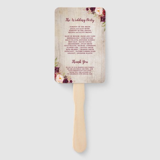 Éventail Rustique Bois Bourgogne Rouge Floral Programme de  (Dos)