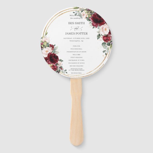 Éventail Rustique Bourgogne Blush Floral Programme de maria (Devant)