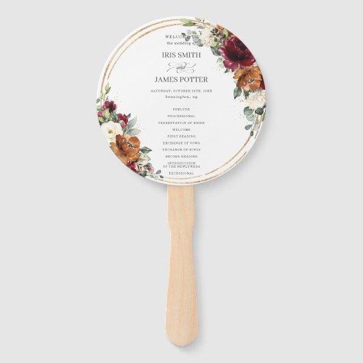 Éventail Rustique Bourgogne Ivory Floral Rust Wedding Progr (Devant)