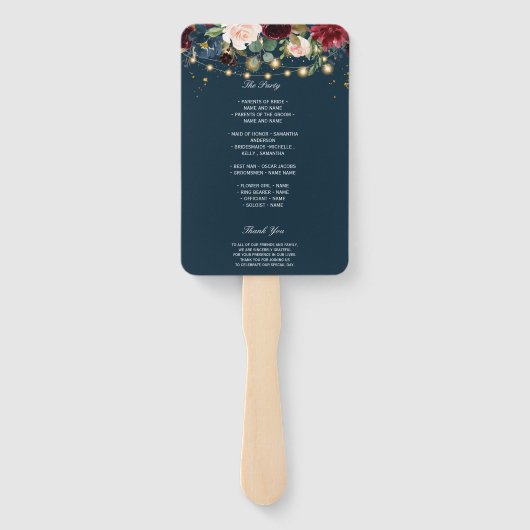 Éventail Rustique Bourgogne Marine Bleu & Rouge Fleurs & Lu (Dos)