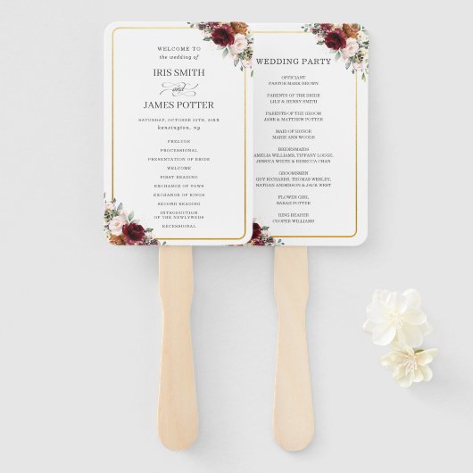 Éventail Rustique Bourgogne Orange Rose Floral Wedding Prog (Devant et derrière)