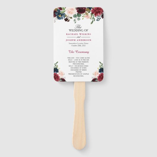 Éventail Rustique Bourgogne Rouge Bleu Floral Programme de  (Devant)