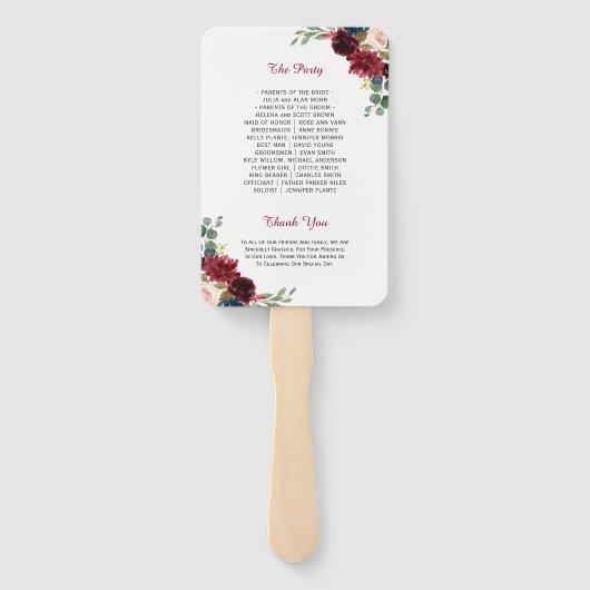 Éventail Rustique Bourgogne Rouge Bleu Floral Programme de  (Dos)