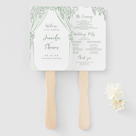 Éventail Sage Floral Arch Whimsical Wedding Programs (Devant et derrière)