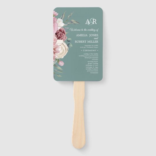Éventail Sage Green Boho Rose Floral Wedding Programme (Devant)