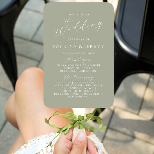 Éventail Sage Green Calligraphy Script Wedding Programme