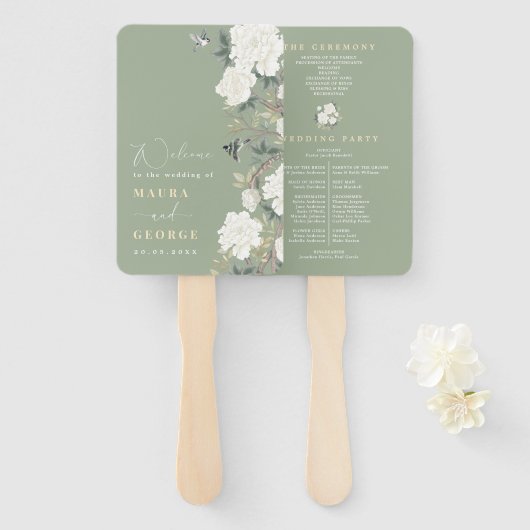 Éventail Sage Green Chinoiserie Floral Wedding Programme (Devant et derrière)
