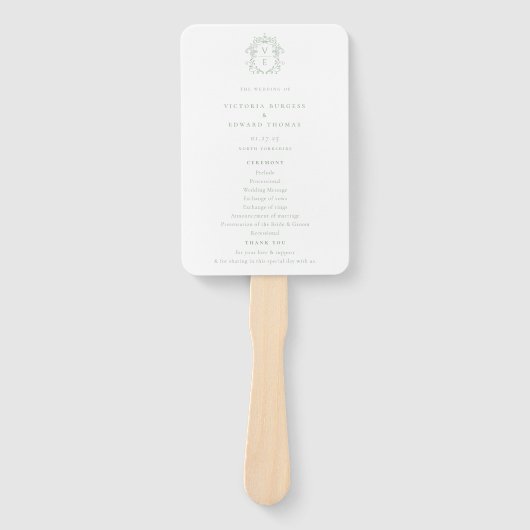 Éventail Sage Green Crest Monogramme Programme de mariage (Devant)