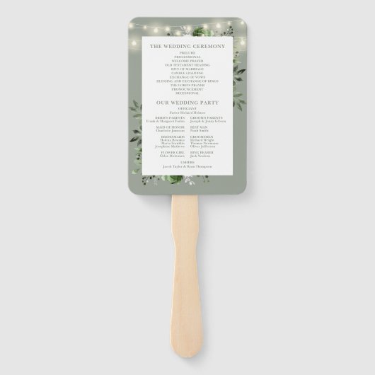 Éventail Sage Green String Lights Floral Wedding Programme (Dos)