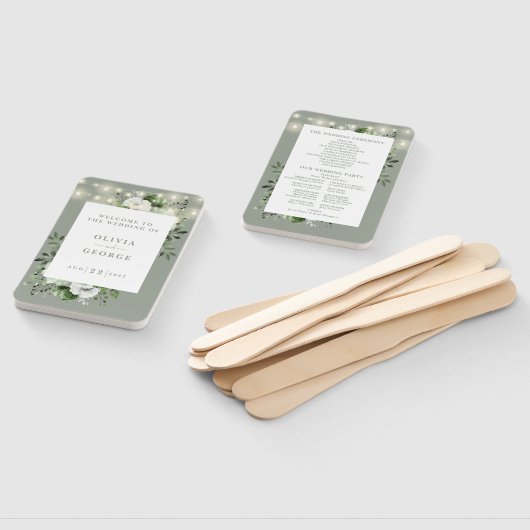 Éventail Sage Green String Lights Floral Wedding Programme (Non-assemblé)