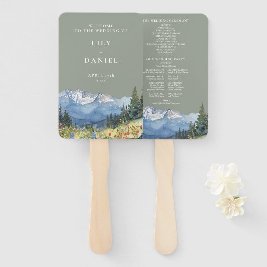 Éventail Sage Green Watercolor Mountain Wedding Programme (Devant et derrière)