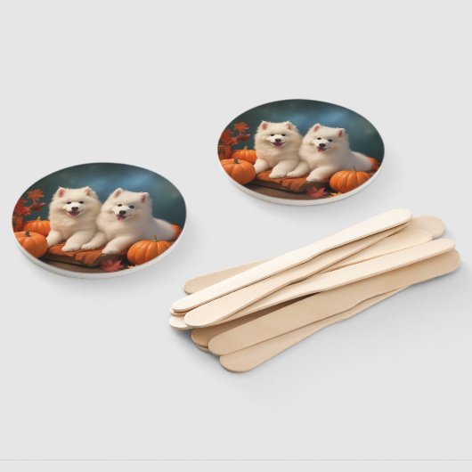 Éventail Samoyed Chiot Automne Citrouille de plaisir (Non-assemblé)