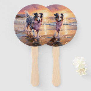Éventail Sandy Australian Shepherd Dog on Beach Sunset
