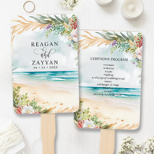Éventail Scène de mariage d'été sur la plage à l'aquarelle 