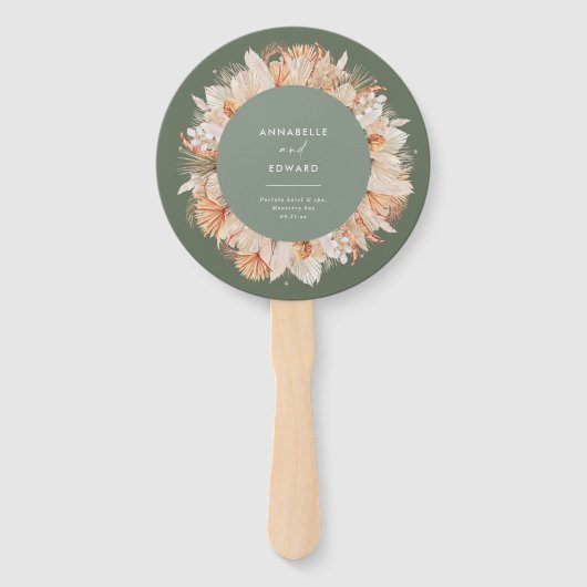 Éventail script botanique séché vert sauge mariage élégant (Devant)