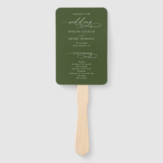 Éventail Script Calligraphy Olive Green Wedding Program (Devant)