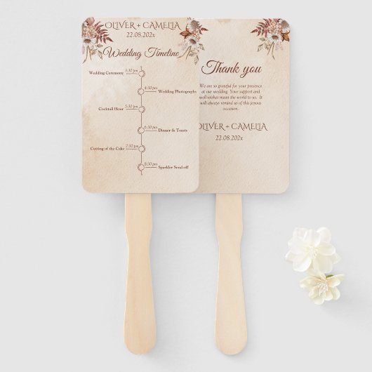 Éventail Script classique BOHO Programme de mariage et chro (Devant et derrière)