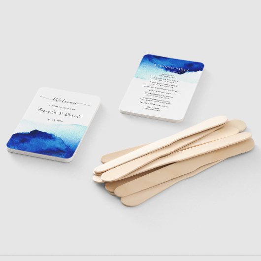 Éventail Script moderne Aquarelle Indigo Mariage bleu (Non-assemblé)