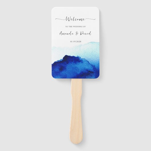 Éventail Script moderne Aquarelle Indigo Mariage bleu (Devant)